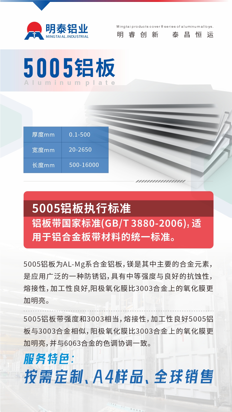 產(chǎn)品介紹

5005鋁板為AL-Mg系合金鋁板，鎂是其中主要的合金元素，是應(yīng)用廣泛的一種防銹鋁，具有中等強(qiáng)度與良好的抗蝕性，熔接性，加工性良好,陽極氧化膜比3003合金上的氧化膜更加明亮。

5005鋁板帶強(qiáng)度和3003相當(dāng)，熔接性，加工性良好5005鋁板與3003合金相似，陽極氧化膜比3003合金上的氧化膜更加明亮，并與6063合金的色調(diào)協(xié)調(diào)一致。服務(wù)特色：按需定制、A4樣品、全球銷售!

