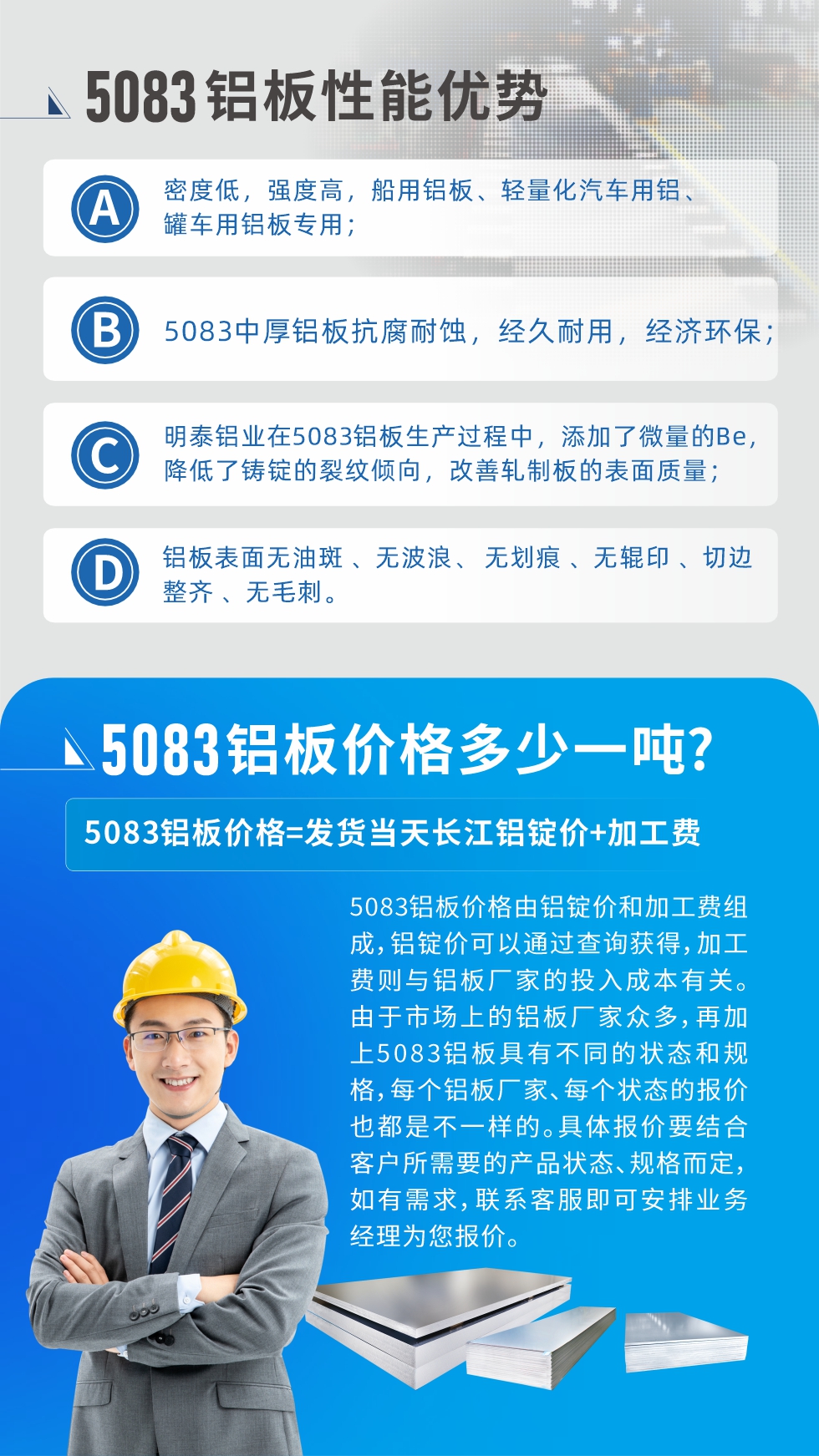 5083鋁板性能優(yōu)勢:1、密度低，強度高，船用鋁板、輕量化汽車用鋁、罐車用鋁板專用；2、5083中厚鋁板抗腐耐蝕，經(jīng)久耐用，經(jīng)濟環(huán)保；3、明泰鋁業(yè)在5083鋁板生產(chǎn)過程中，添加了微量的Be，降低了鑄錠的裂紋傾向，改善軋制板的表面質(zhì)量；4、鋁板表面無油斑 、無波浪、 無劃痕 、無輥印 、切邊整齊 、無毛刺。
5083鋁板價格信息:5083鋁板價格由鋁錠價和加工費組成，鋁錠價可以通過查詢獲得，加工費則與鋁板廠家的投入成本有關(guān)。由于市場上的鋁板廠家眾多，再加上5083鋁板具有不同的狀態(tài)和規(guī)格，每個鋁板廠家、每個狀態(tài)的報價也都是不一樣的。具體報價要結(jié)合客戶所需要的產(chǎn)品狀態(tài)、規(guī)格而定，如有需求，聯(lián)系客服即可安排業(yè)務(wù)經(jīng)理為您報價。
5083鋁板價格=發(fā)貨當天長江鋁錠價+加工費。
5083鋁板廠家:河南明泰鋁業(yè)生產(chǎn)5083鋁合金薄板、5083熱鋁板、5083中厚鋁板、5083船用鋁板、5083花紋鋁板等等，按需定制生產(chǎn)，規(guī)格齊全，歡迎來廠考察參觀，更多相關(guān)產(chǎn)品詳細信息和優(yōu)惠報價，可點擊右側(cè)在線咨詢，也可撥打咨詢電話：0371-67898708快速獲取!